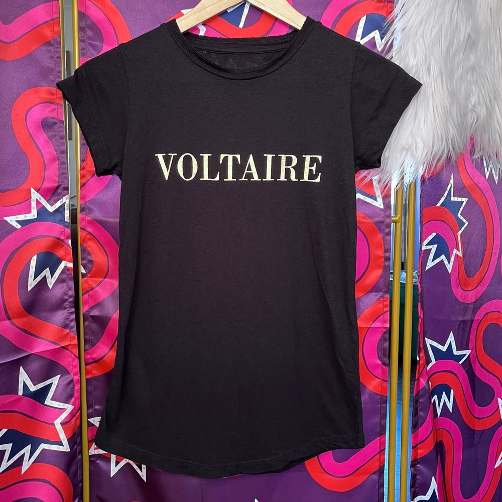 Zadig and Voltaire Skinny Logo Metallic TShirt Gold Black Short Sleeve SHTS1810F - Picture 5 of 13